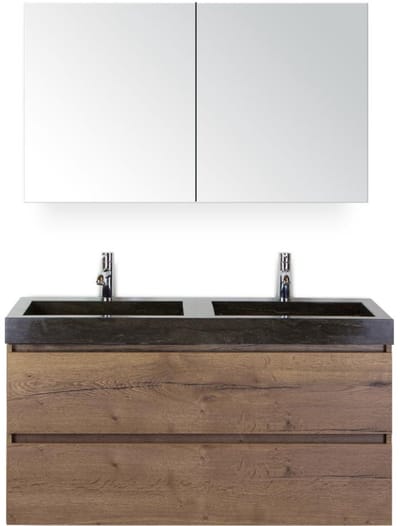 Maxx XL Badmeubelset 120 cm - Tabacco - Wastafel Lucca Dubbel 2 Kraangaten met Spiegelkast