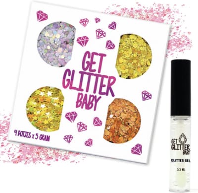 GetGlitterBaby® - 4 Potjes Glitter Set Chunky Festival Glitters voor Lichaam en Gezicht Glitterset Tattoo / Carnaval Face Body Glitterlijm Set / Gel Glittergel - en Glitter Lijm HuidLijm Zilver / Oranje / Goud