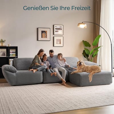 L-vormige modulaire slaapbank 290 x 96 x 74 cm – Boneless bank van hoogwaardig 3D schuim met ribfluweel bekleding, diepe zit, ergonomisch comfort, inclusief kussens – Laura