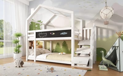 STILVORA Stapelbed 90 x 200 cm - Huisvorm Kinderbed Met Opbergruimte En Beveiliging - Massief Hout - Wit