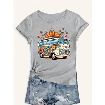 Bedrukt Van T-shirt, Ronde Hals Korte Mouw Sportief T-shirt, Comfortabele Top voor Vrouwen L gray