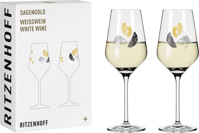 wittewijnglas, 400 ml, serie Sagengold nr. 2, set van 2 met druivenmotief, echt goud, made in Germany, zwart, goud