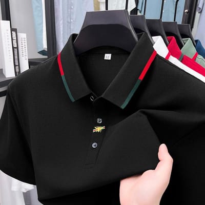 Luxe High End Heren Poloshirt Revers T-shirt Zomer Nieuw Verfijnd Borduurwerk Korte Mouw Mode Zakelijke Herenkleding Top L zwart
