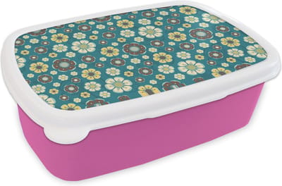 Broodtrommel Roze - Lunchbox Retro - Bloemen - Patronen - Blauw - Brooddoos 18x12x6 cm - Brood lunch box - Broodtrommels voor kinderen en volwassenen
