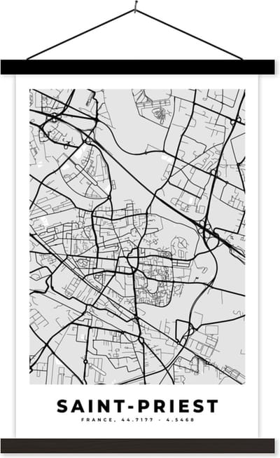Posterhanger incl. Poster 40x60 cm - Schoolplaat - Frankrijk – Saint-Priest – Stadskaart – Plattegrond – Kaart - Textielposter - Zwarte latten - Stadskaart
