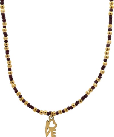 Cadeau voor haar CO88 Collection 8CN-26303 Stalen Ketting met Kralen - Dames - Goudkleurig - 3 mm - bruin - 2,5 mm - LOVE - 12 x 8 mm - Lengte 70 + 7 cm