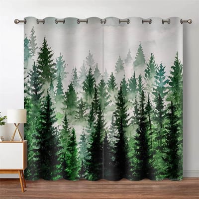 Rideaux de fenêtre Forêt Verte Aquarelle Silhouette d'arbre Paysage Nature Rideau Imprimé pour la Chambre à Coucher le Salon 135W185H(CM)53x73in&Grommet Top