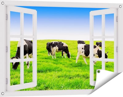 Gards Tuinposter Doorkijk Kudde Koeien in de Wei - Hemel Blauwe Lucht - 90x60 cm - Tuindoek - Tuindecoratie - Wanddecoratie buiten - Tuinschilderij