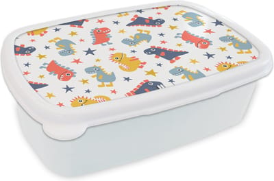 Broodtrommel Wit - Lunchbox - Brooddoos - Patronen - Dino - Sterren - Jongens - Jongetje - Baby - Kinderen - Kids - 18x12x6 cm - Volwassenen