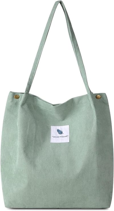 Retro Corduroy Schoudertas voor Vrouwen en Meisjes, Grote Capaciteit, Lichtgroen, Ideaal voor Winkelen en Dagelijks Gebruik, XL 15.94*15.16*4.33 inch