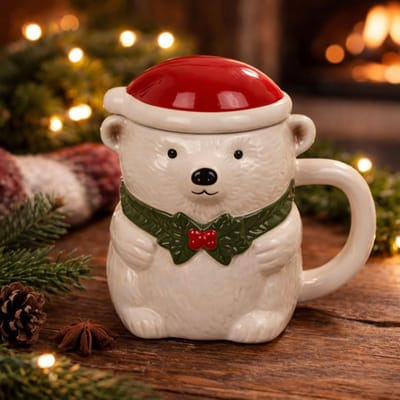 IJsbeer Mok – 3D Design – Kerstmuts Deksel – 380 ml – Hoogwaardig Keramiek – Inclusief Sfeervolle Giftbox – Perfect Cadeau voor Winter en Kerst