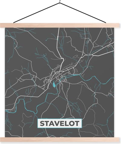 Posterhanger incl. Poster 40x40 cm - Schoolplaat - Kaart – Plattegrond – Stadskaart – Stavelot – België - Grijs - Textielposter - Blanke latten - Stadskaart