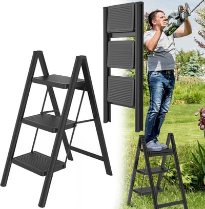 Sterke Metalen Vouwladder met 3 Treden en Antislip - Inklapbaar Huishoudtrapje