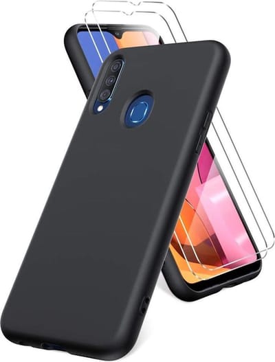 HB Hoesje en Glas Geschikt voor Samsung Galaxy A20S - Zwart - Siliconen Back Cover + 2x Glazen Screenprotector