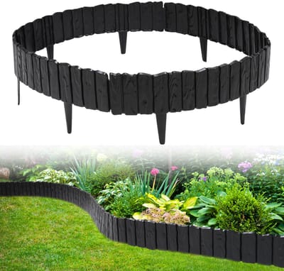 Borderrand Palissade Kunststof - Set van 4 Houtlook - 2.3m Zwart - Flexibele Dennenhout Gazonafscheiding
