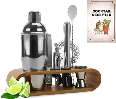 KitchenBrothers Cocktail Set - 11 delig - Inclusief Cocktail Shaker (750ml) - Compleet voor Cocktailbar - Natuurlijkhout - Cocktailset - BPA-Vrij - Met Receptenboekje - Cadeauverpakking