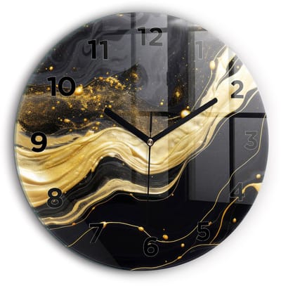 Wallfluent Wandklok - Gouden marmer Stijlvolle Klok - 60 cm x 60 cm - Gouden Wandklok - Zwarte Handen - Wandklok Met Cijfers - Wandklok Glas Woonkamer - Ronde Glazen Wandklok - Industrieel Wandklok - Stijlvolle Klok
