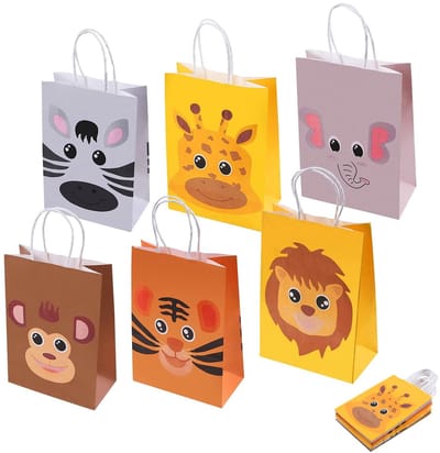 Allecto - Jungle-Feesttassen - Dierencadeautassen - Vrolijke papieren zakken - 21x15x8 cm - Geschikt voor kinderen - Feestdecoratie