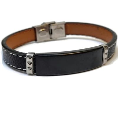 Aramat Jewels | Armbanden | Zwarte Leren Plaatarmband Zwarte Plaat – 20cm 316L RVS Graveerbaar Heren | | | |10mm | Leer | Volwassenen | Verkleurd niet