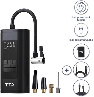 TTD® Draagbare Elektrische Fietspomp en Bandenpomp Auto - Luchtcompressor - USB Oplaadbaar - Met Powerbank - Zaklampfunctie - 2x Krachtige 2000 mAh Accu's