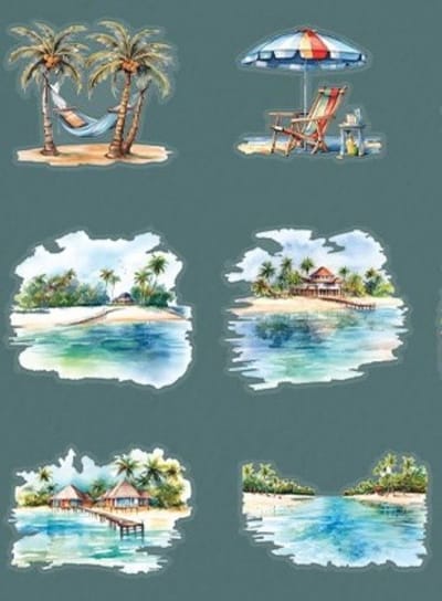Stickerset Seenery Faraway - Tropisch Eiland - Vakantie Sticker - Stickers Tropische zomer - Scrapbook - Bulletjournal - Reisdagboek