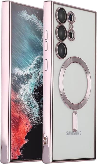 oTronica Hoesje aanstellen voor Samsung Galaxy S22 Ultra met Magnetisch Ring en Camera Lensbeschermer - backcover – Transparant/Rosegoud