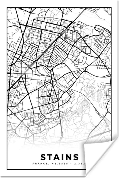 Poster Stains - Stadskaart – Plattegrond – Kaart – Frankrijk - Zwart wit - 120x180 cm XXL
