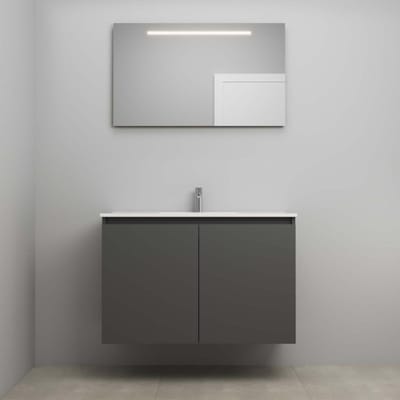 On-Line Badkamermeubelset - 100 cm - Bouwpakket - Greeploos 2 Deuren - Porseleinen Wastafel - 1 Kraangat - Spiegel met LED-Verlichting - Mat Antraciet