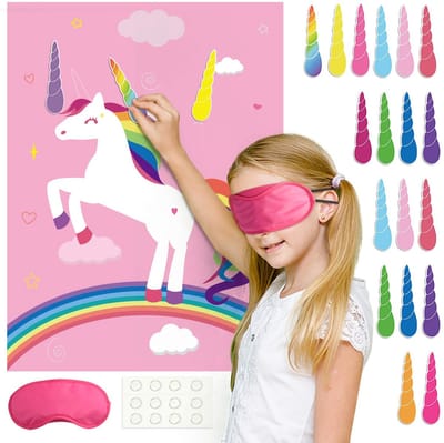 Dailygoods- Verjaardagsfeestspel Roze Eenhoorn - 24 Hoorns - Feestdecoraties - Verjaardagsfeestaccessoires - Kinderen - Inclusief Blinddoek - Feestspel