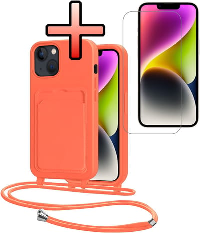 Hoes Geschikt voor iPhone 13 Hoesje Pasjeshouder Cover Met Koord Case Siliconen Hoes Met Telefoonkoord en Kaarthouder Met Screenprotector - Papaya