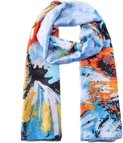 Emilie scarves - sjaal - bloemenprint - lang - blauw - oranje - satijn