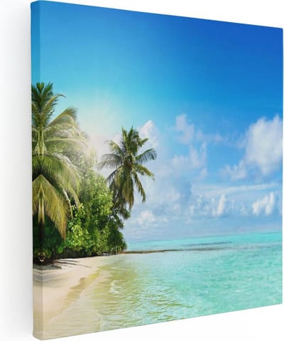 Artaza Canvas Schilderij Strand - 80x80 cm - Wanddecoratie Zee - Muurdecoratie Tropisch Eiland - Schilderijen Op Canvas Palmbomen