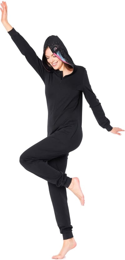 Ladeheid Dames Overal slapen Pyjama - met Capuchon - Lange mouwen - Lange broek - Katoen - LA-LA40-234-PJ - Zwarte Pavian - XS