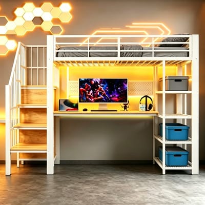 HAUSS SPOLE Hoogslaper 90x200 cm - Met Trapkast, Bureau, Opbergrek En Ledverlichting - Zonder Matras - Metaal En Hout - Wit
