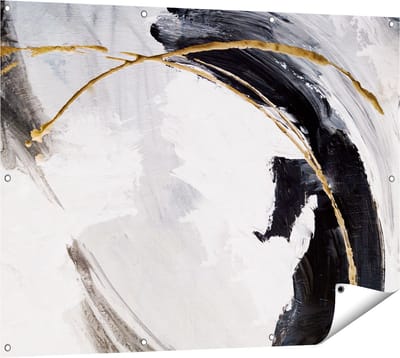 Gards Tuinposter Abstracte Kunst - Wit met Zwart en Goud - 120x90 cm - Tuindoek - Tuindecoratie - Wanddecoratie buiten - Tuinschilderij