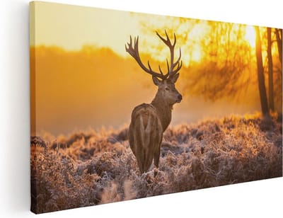 Artaza Canvas Schilderij Hert - 40x20 cm - Klein - Wanddecoratie Bos - Muurdecoratie Gewei - Schilderijen Op Canvas Zonsopgang