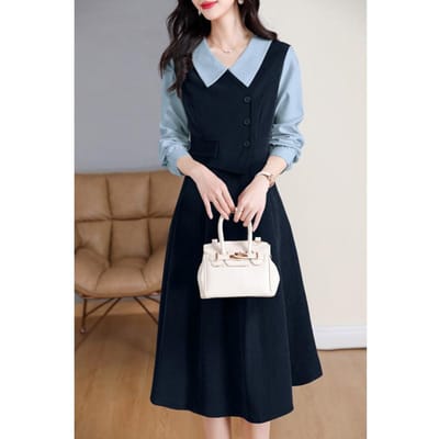 Nep driedelig jurkje Dames Herfst en Winter Retro Lange mouw Shirt Revers Rok Design Sense 2XL black