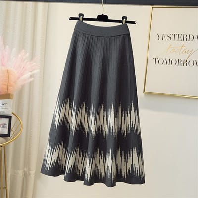 Jupe mi-longue taille haute d'hiver avec motif géométrique Jupe tricotée Jupe longue trapèze en fil mi-long 3XL grise