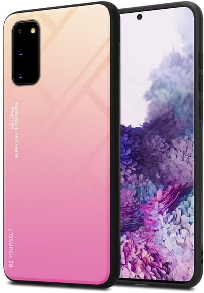 Cadorabo Hoesje geschikt voor Samsung Galaxy S20 in GEEL - ROZE - Tweekleurige beschermhoes van TPU-silicone Case Cover en achterzijde van gehard glas