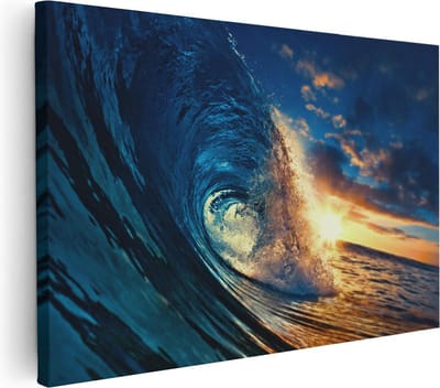 Artaza Canvas Schilderij Golf Zee - 90x60 cm - Wanddecoratie Zonsondergang - Muurdecoratie Strand - Schilderijen Op Canvas