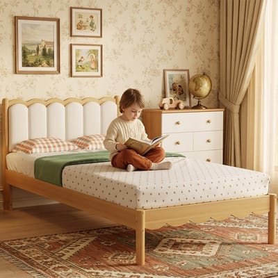 PHOEBE CAT Kinderbed - 90 x 200 cm - Gestoffeerd hoofdeinde - Golvend ontwerp - PU-materiaal - Beige + Natuurlijke