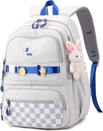 Kawaii Geruite Tiener Rugzak met Konijn Knuffel Sierhanger - Schattige Lichtgewicht Schoolrugzak voor Tieners - Meervaks Waterbestendige Studententas voor Middelbare School