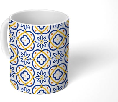 Mok - Koffiemok - Bloem - Blauw - Geel - Tegels - Patronen - Mokken - 350 ML - Beker - Koffiemokken - Theemok