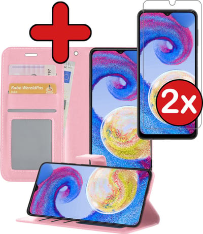 Hoesje - Met 2x Screenprotector - Geschikt voor Samsung Galaxy A04s - Luxe Pasjeshouder - Flip Case - Bookcase Portemonee - Kunstleer Book Case - Flipcase Hoes - Book Cover - Walletcase - Portemonneehoes - Telefoonhoes - Lichtroze