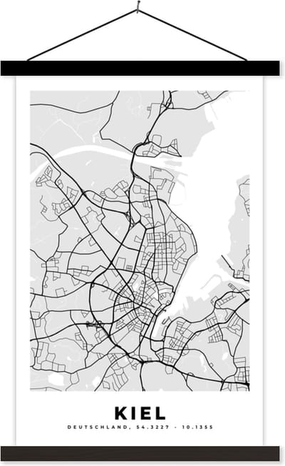 Posterhanger incl. Poster 40x60 cm - Schoolplaat - Stadskaart - Plattegrond - Kiel - Kaart - Duitsland - Textielposter - Zwarte latten - Stadskaart