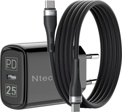 USB C Adapter 25W - usb c oplader - met (1m) USB C kabel Nylon - Zwart