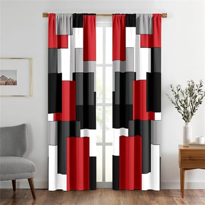 2 STUKS Abstracte geometrische Kunst rood zwart en Grijs Modern Design Lichtfilterende Gordijnen voor Woonkamer Slaapkamer Raam Draperie Decor 50W130H(CM) 2PCS&Rod Pocket black