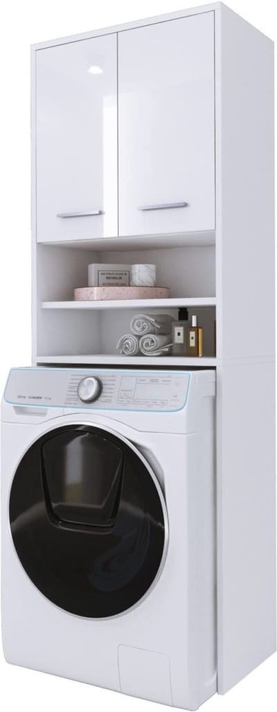 Wasmachinekast met 2 kasten en 2 planken, hoogte 180 cm, breedte 64 cm, diepte 30 cm, wit hoogglans