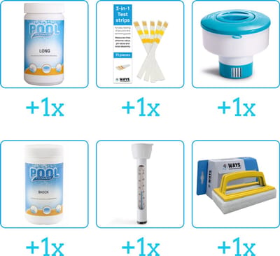 Zwembad Onderhoudspakket - Onderhoud Zwembad - bevat Chloor - Testrips - Chloordrijver - Chloor - Thermometer en Scrubborstel (6-delig)