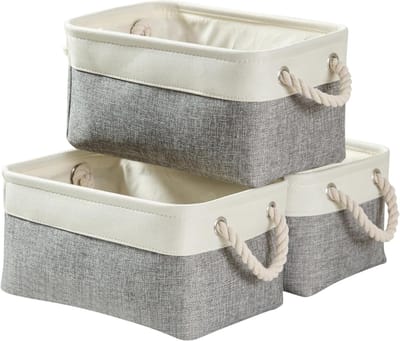 Vouwbare Opbergdozen Set van 3, Stevige Canvas Opbergmanden met Handvatten voor Organiseren van Planken, Kasten en Speelgoed (Grijs/Wit, Groot)